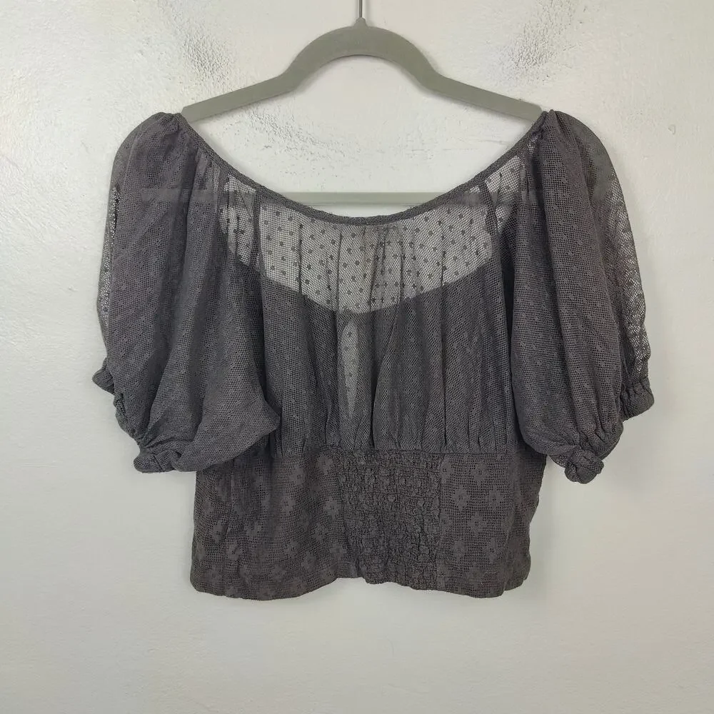 Free People Charcoal Lace Puff Sleeve Crop Top - Picture 4 of 8
